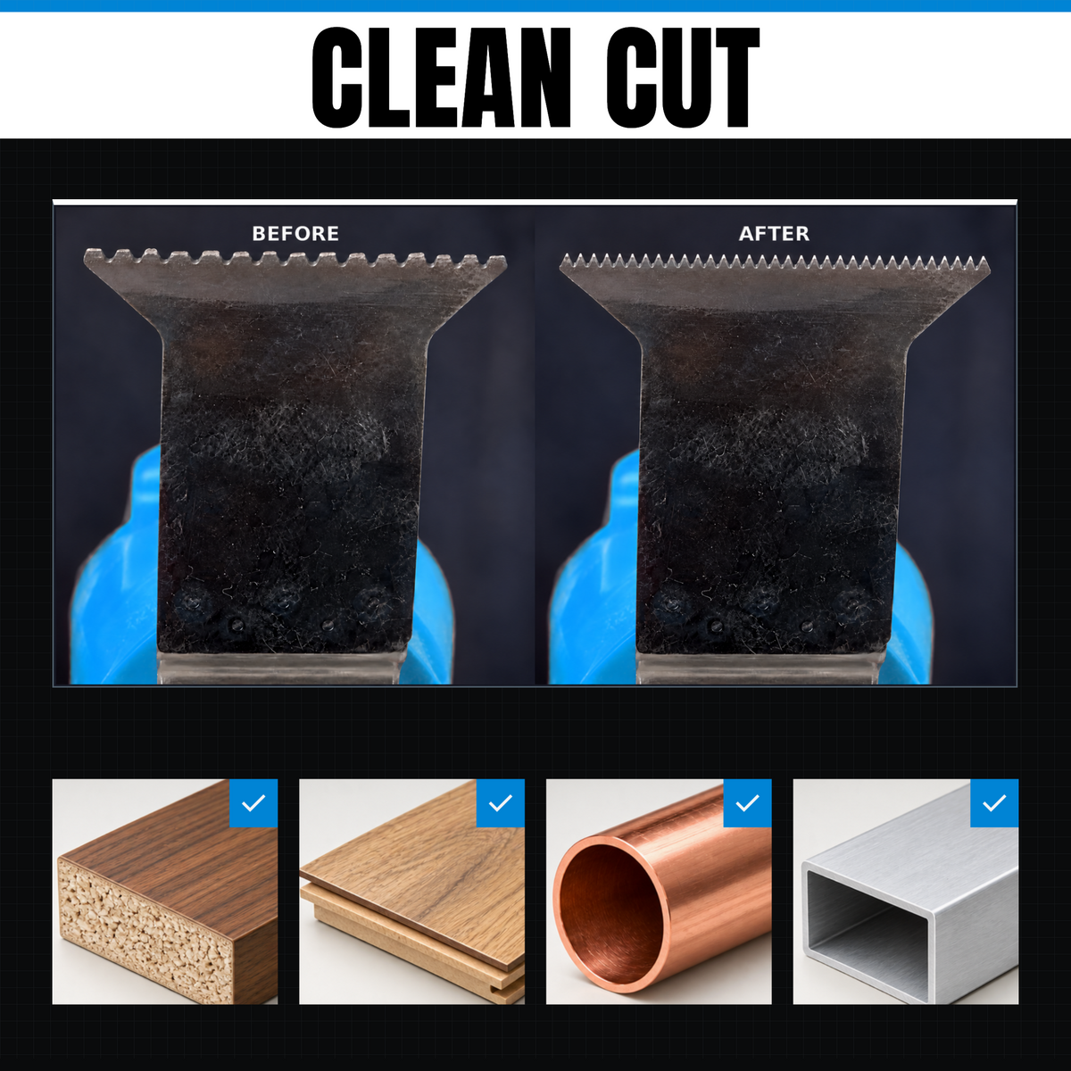 Before and after: a worn multitool blade resharpened with the SharpTool 2.0 Clean Cut fine CBN grinding head, dull teeth restored to a sharp, clean cutting edge
